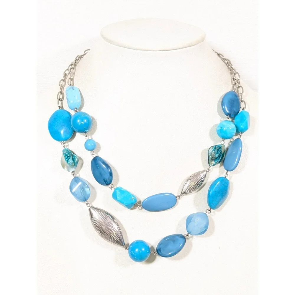 NY&C Blue Beaded‎ Double Strand Statement Necklace 21